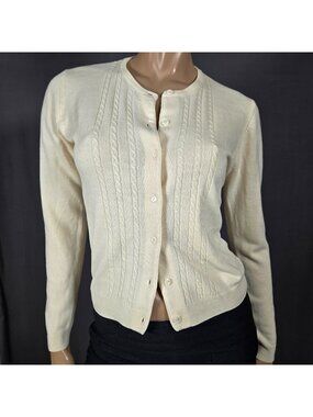 Vintage 90s Cream Cardigan Size M Soft Fine Cable Knit Basic Wardrobe Staple